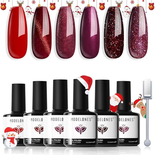 Modelones Gel Nail Polish Set, 6 Colors Red Glitter Burgundy 9D Cat Eye Gel Polish with Magnet Chameleon Shimmer Nail Art DIY Salon Home for Women
