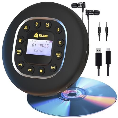 KLIM Journey - Reproductor de CD Portátil - Discman con batería de Larga duración y Auriculares - Radio FM Portátil Compatible con MP3, SD Card, Bluetooth - Ideal para Coches
