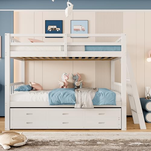 Litera, cuna, cama para niños y niñas, estructura de madera de pino y MDF con escalera y cama extraíble y 3 cajones, 90 x 200 cm (blanco)