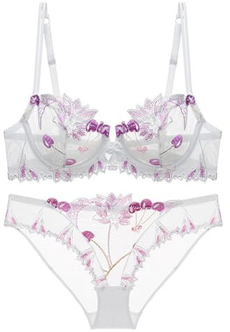 ALDOLA Support Bra Underwear Sets White Women's Floral Lace Bra Underwire Soft Cup Low Back Bra Transparent Bra for Women (Size:95D)