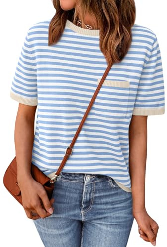 LILLUSORY Womens Spring Short Sleeve Sweater Shirts Tops Summer 2026 Cute Business Dressy Casual Teacher Trendy Outfits Clothes Blouse Work Beach Vacation Fashion Cotton Striped Apricot Blue XXL