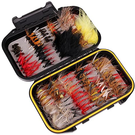 Qsvbeeqj 72/100/120 piezas moscas pesca pesca conjunto seco mojado mosca combo ninfa insectos cebo gancho con caja de aparejos de pesca