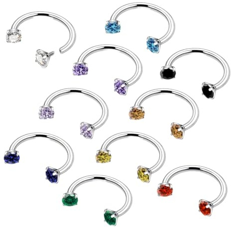 GXGM Lot de 10 piercings 8mm, anneaux fer à cheval, acier chirurgical, strass brillants, filetage interne, nez, oreille, lèvre, bijoux unisexe