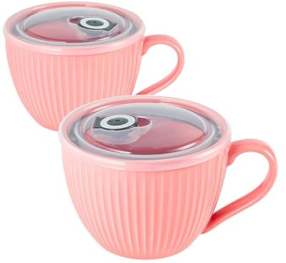 24oz Soup Mug with Handle & Lid, Microwave Soup Bowl/Cup, Pink, Set of 2