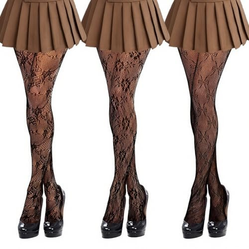 Wnzdp 3 Pairs Patterned Tights, Black Lace Tights, Fashionable Patterned Tights for Women Lace Floral Pantyhose High Waist Fishnet Stockings