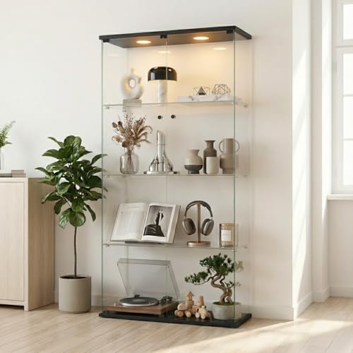 Vitrina de cristal con iluminación LED, vitrina de cuatro pisos con puertas dobles, vitrina de coleccionista con cerradura, armario de vitrina para salón, oficina, comedor y dormitorio, vitrina de