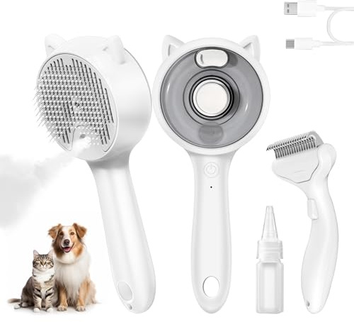 2-in-1 Dampf-Katzenbürste & Unterwolle-Entferner Set - Profi-Tierpflegebürste mit 2-Stufen-Kaltnebel, Entfilzen & Massage, USB-ladbar, Großvolumen-Wassertank für Lang- & Kurzhaarige Hunde & Katzen