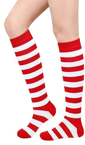 Calcetines Largos Rayas Rojas y Blancas, Calcetines Hasta la Rodilla Mujer Rayas, Calcetines Altos de Muslo para Mujer Niña, Calcetines a Rayas Rojas y Blancas para Carnaval Navidad Cosplay Halloween