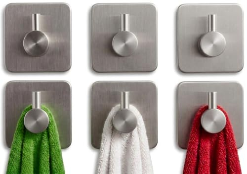 edihome, Crochet Adhésif Mural en Acier Inoxydable, Crochets Adhésifs Muraux Résistants sans Perçage, Design Carré Moderne pour Salle de Bain Cuisine, Noir Blanc Gris, Lot de 4 ou 6 (6un., Argentée)