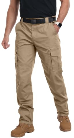 ZITY Men’s Cargo Work Trousers Heavy Duty Combat Utility Pants Multi Pocket Durable Semi Elasticated Waist with Button & Zip Fly Khaki