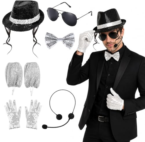CYCFMYYLY 6-Piece 80s Pop Star Costume Accessories Set, The Gloved One Style Accessories with Hat, Fake Microphone Prop, Glasses, Bowtie, Gloves and Shoe Covers for Halloween Cosplay