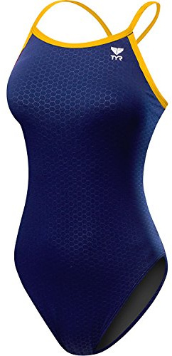 TYR Girls’ Hexa Diamondfit Swimsuit, Navy/Gold, 24
