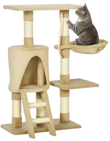 Pawhut Árbol para Gatos Rascador con Nido Plataforma Caseta Escalera Cuerda de Juego 30x55x96cm Tablero de Madera y Cubierto de Felpa Marrón