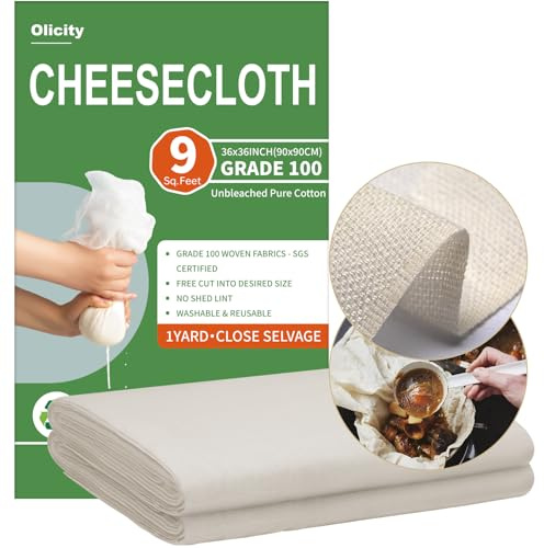 Olicity Cheese Cloths, Grade 100, 36x36Inch, Reusable Cheese Cloth with Closed Edges Fabric Fine Mesh Cloth, Unbleached Cotton Muslin Cheesecloth for Straining, Cooking, Yogurt, Herbs,Crafts - 9 Sq.Ft