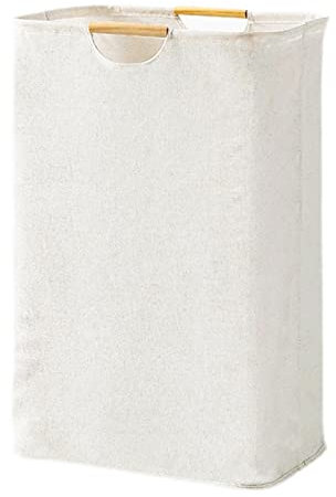 Fousenuk Cesto Portabiancheria Pieghevole Bianco 39×53×27 cm, Cesta Portabiancheria con Manico in Legno Grand, Cesta Biancheria in Tessuto per Camera Soggiorno Bagno e Viaggio