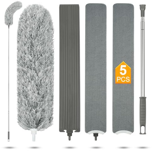 Vicloon Feather Duster, 5 PCS Extendable Cobweb Duster with Extension Pole Up to 100'', Bendable Washable and Reusable Gap Hand Crevice Brush for Cleaning Ceiling Fan High Ceiling Furniture