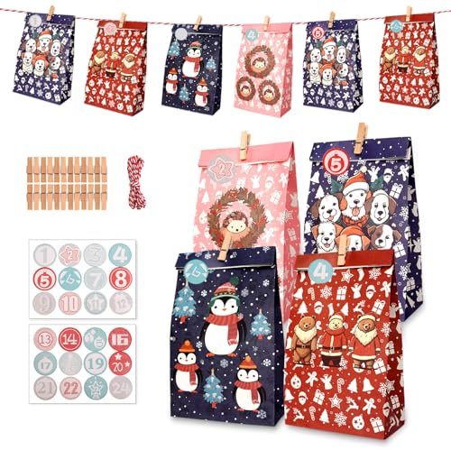 Adventskalender Zum Befüllen Kinder, Geschenk Papiertueten Zum Selber Befüllen Basteln Advents Tüten, Adventskalender Selber Machen, Weihnachtskarten –24-PC