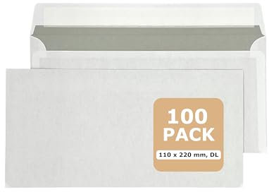 PAKNOR® 100 Briefumschläge ohne Fenster, DIN lang - 220x110mm, selbstklebender Briefumschlag mit Fenster, Weiße Umschläge mit grauem Innendruck, mit Laser bedruckbar (weiß/ohne Fenster)