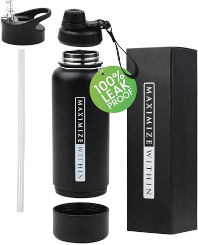 32oz Stainless Steel Water Bottle – Vacuum Insulated Double Wall Sports Flask with Dual Lids (Straw & Spout) Leakproof, Reusable, Black Travel Thermos