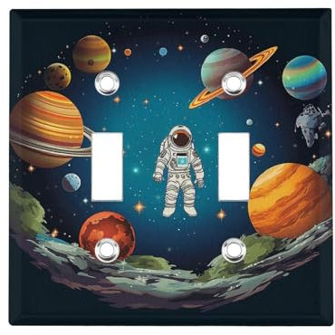 Outer Space Rocket Astronaut 2-Gang Double Toggle Plate Covers Decorative Light Switch Cover Electrical Device Switchplate for Bedroom Kitchen Home Decor 4.5 X 4.6
