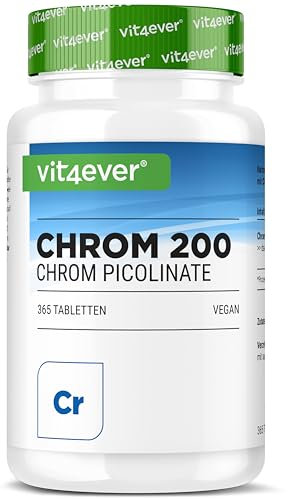 vit4ever Chrom Picolinat - 200 mcg reines Chrom je Tablette - 365 Tabletten im Jahresvorrat - Reines - Ohne unnötige Zusätze - Hochdosiert - Vegan