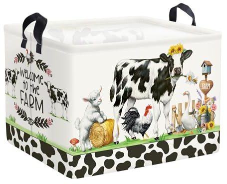 HUUMONSS Farm Animals Storage Basket Collapsible Clothes Baby Nursery Hamper Large Book Shelf Basket Boy Girl Toy Box Bin for Kid Room, Cow, 36L