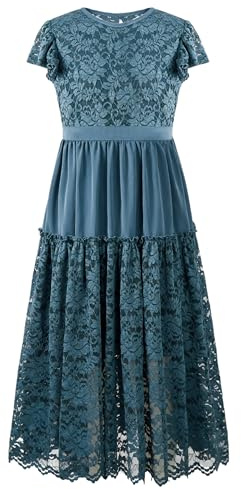 Rolanko Flower Girls Lace Dress First Holy Communion Prom Party Wedding Ruffle Sleeve Princess Long Maxi Dresses, Teal, 11-12 Years, 160