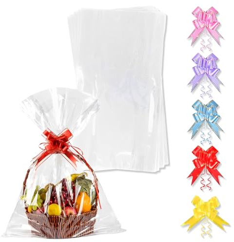 GGUFAY 5 pellicole regalo extra grandi, sacchetti di cellophane trasparenti, 75 x 100 cm, sacchetti di cellophane con 5 fiocchi, sacchetti regalo trasparenti per fiori, cesti regalo, artigianato