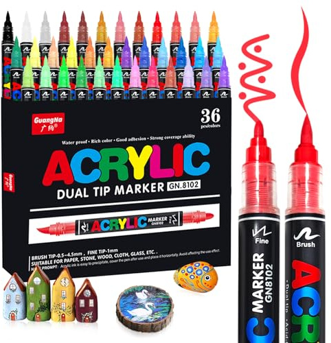 VAKKI Pennarelli Acrilici, 36 Colori Pennarelli Acrilici Doppia Punta 4.0g Acrylic Marker per Dipingere Sassi, Tessuti, Metallo, Vetro, Legno, Tela, Ceramica, Plastic, pennarelli per colorare adulti
