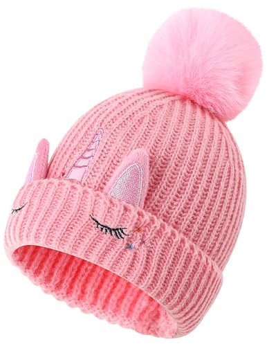 Cheerful Mario Baby Girls Knitted Hat Girls 3-9 Y Winter Warm Beanie Cosy Fleece Lining Cute Unicorn Pattern with Pom Pom Pink-A