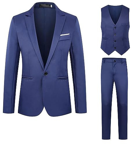 Traje De Hombre 3 Piezas Smoking Blazer Pantalones Chaleco con Un Botón Monocromo Elegante Formal Completo De Hombre Ajustado Ceremonia Traje De Novio Casual De Negocios Cena Trajes De Trabajo, Marina