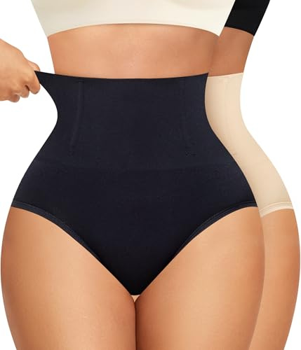 Nebility Women Tummy Control Knickers Shapewear 2 Pack High Waisted Body Shaper Butt Lifter Panties Slimming Underwear (Black/Beige,L)