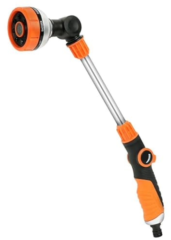 AOOWU Pistola de Manguera de Jardín, 48cm Lanza de Riego Metal con Cabeza Giratoria 180°, 7 Modos de Pulverización Ajustable Control con Interruptor de Pulgar para Jardinería y Lavado de Coches