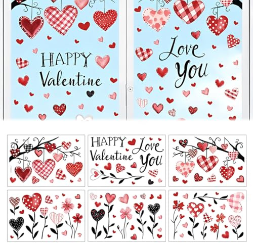 6 hojas de pegatinas estáticas para ventanas con forma de corazón para San Valentín, 20 x 30 cm, extraíbles y reutilizables, para decorar ventanas en casa y la oficina.