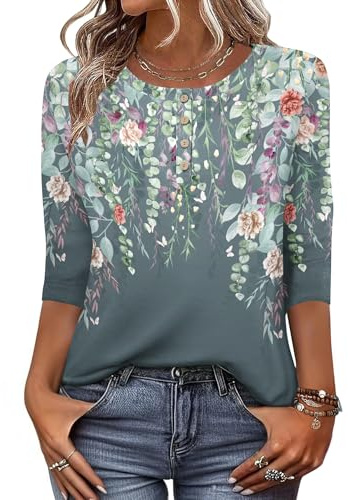 Zeagoo T-shirt för damer, med 3/4-ärm, tröja med rund hals, basic topp, Henly till sommaren, ledig, lätt och lång, storlek S–XXL