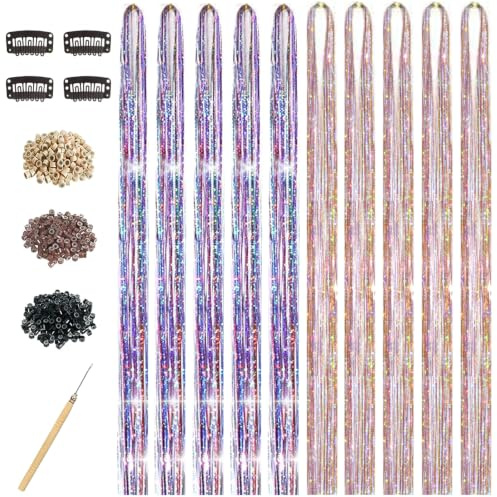 Hair Tinsel Kit for Girls, 10 Pcs 4200 Strands Fairy Tinsel Hair Extensions Holographic Hair Tinsel Heat Resistant Colored Hair Glitter Christmas Party Festival (Colourful+Gold-Sliver-Pink)
