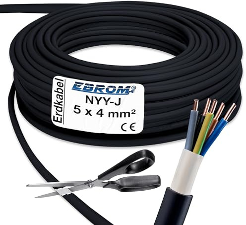 EBROM Erdkabel NYY-J 5x4 mm² - Starkstromkabel - PVC Erdleitung - schwarz - Meterware auf den Meter genau - Auswahl in 1 Meter Schritten, viele Längen - NYY-J 5x4 mm2 - Ihre Länge: 10 Meter