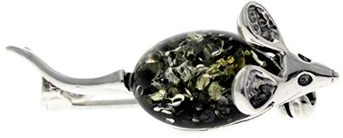 Brosche Maus Sterling-Silber 925 Grüner Baltischer Bernstein 4107G