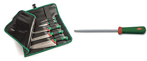 Sanelli Set 5 coltelli Premana Professional Rotolo Cuoco, Cordura, Nero/Verde & Premana Professional Acciaino, Acciaio Inossidabile, Verde/Rosso, 22 cm
