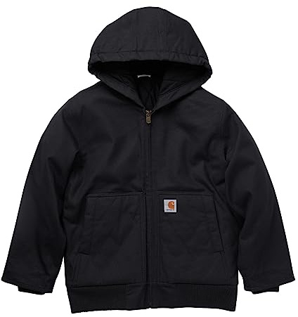 Carhartt Boys' Flannel-Lined Hooded Canvas Insulated Zip-Up Jacket, Caviar Black, X-Small (6)