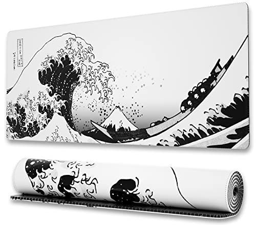 Ovenbird Großes Gaming-Mauspad mit genähten Kanten, japanische Welle Anime Schreibtischmatte, erweitertes XL-Mauspad mit rutschfester Unterseite, auslaufsicheres Schreibtischpad für Tastatur und Maus,