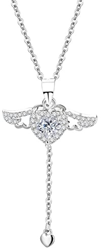 MEDSEF Collar de corazón de Plata de Ley 925 con Joyas de Diamantes de imitación para Mujer, Colgante de alas móviles de ángel, joyería de Moda (White)