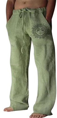 Litthing Mens Linen Trousers Cotton Jogging Bottoms Casual Summer Pants with Pockets Loose Fit Drawstring Trouser Comfortable Lightweight Pant Green