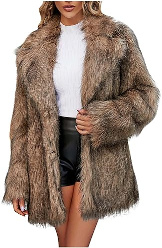 Faux Fur 3 4 Length Womens Jackets Plus Size Faux Fur Jacket Long Sleeve Notch Lapel Overcoats Blazer Style Elegant Fake Fur Windbreak Fuzzy Furry Topcoats Trench Coats Winter Warm Jacket Brown M