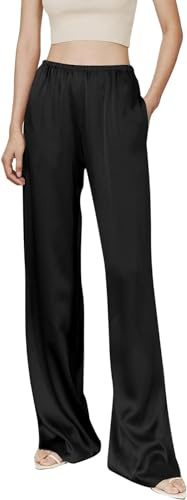 Kkaebi Pantaloni Di Satin Setosi Da Donna - Pantaloni A Gamba Larga Vita Alta Elastica Pantaloni Lunghi Fluidi Pantaloni Da Lounge Con Tasche (S,Nero)