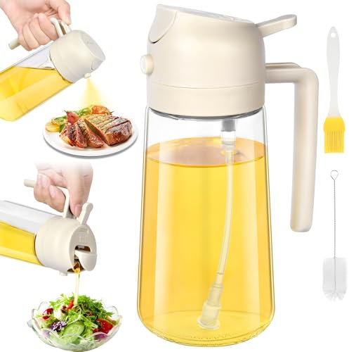 OFFCUP 2 in 1 Oil Spray Bottle, 16oz Leak-proof Oil Sprayer, Spray Bottle with 2 Brushes, Auto Sprayer for Cooking, Kitchen, Salad, Bread Baking, BBQ, Air Fryer (1pcs)