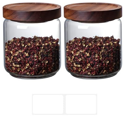 Tarros de almacenamiento con tapa de madera, herméticos, de cristal estable, 2 unidades de 500 ml, 9 x 10 cm, tarros de cristal, tarros de caramelos para galletas, pan de jengibre