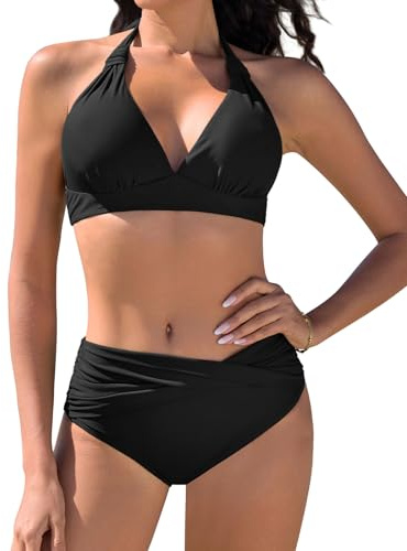 Nadeer Maillots de Bain 2 Pièces Col V Bikini Set Push Up Ensembles Deux Pièces Sexy Midi Taille Haute Beachwear Élégant Vintage Halter Ties-up Swimsuit Ensemble de Bikini
