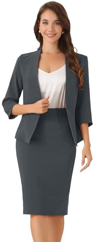 Allegra K Dam Arbetskjol Set med Slip-in Kjol Kavaj utan krage i 2 delar Kontorsgrå Mörkgrå M
