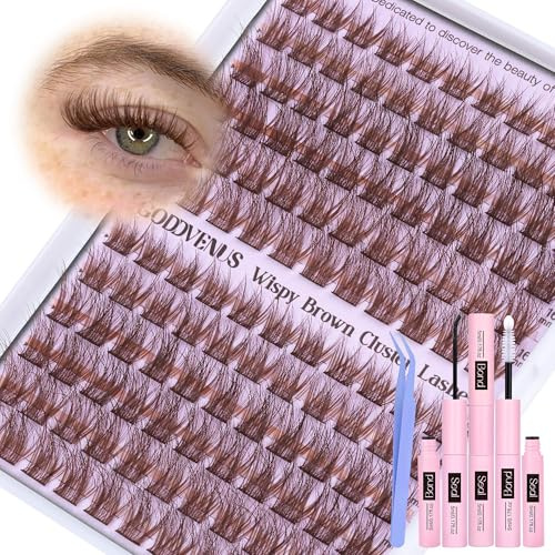 Goddvenus Kit d'extension de cils individuels pour un maquillage propre - 132 pièces C Curl - Kit d'extension de cils individuels - Cheveux légers - Marron
